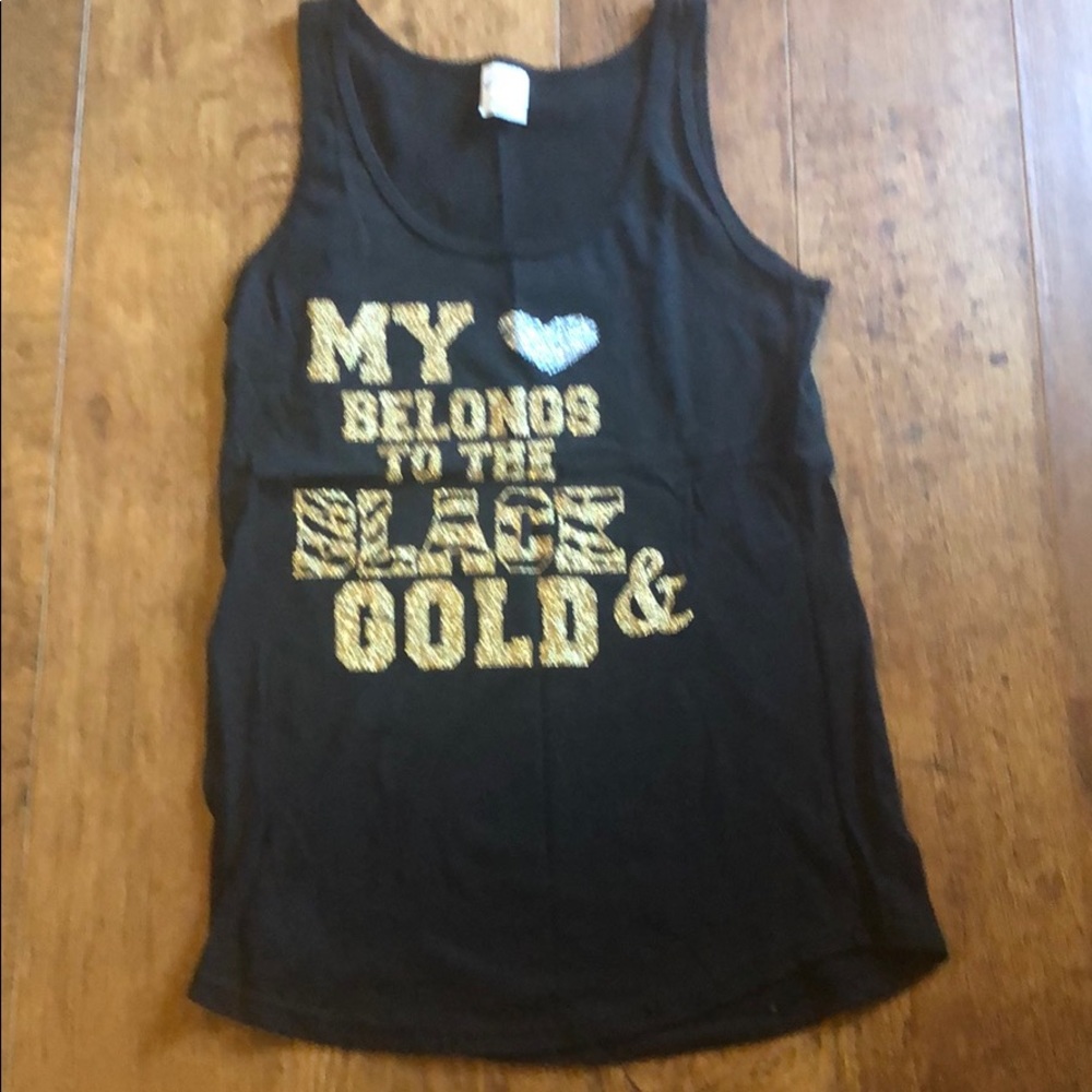 black tank top with gold lettering